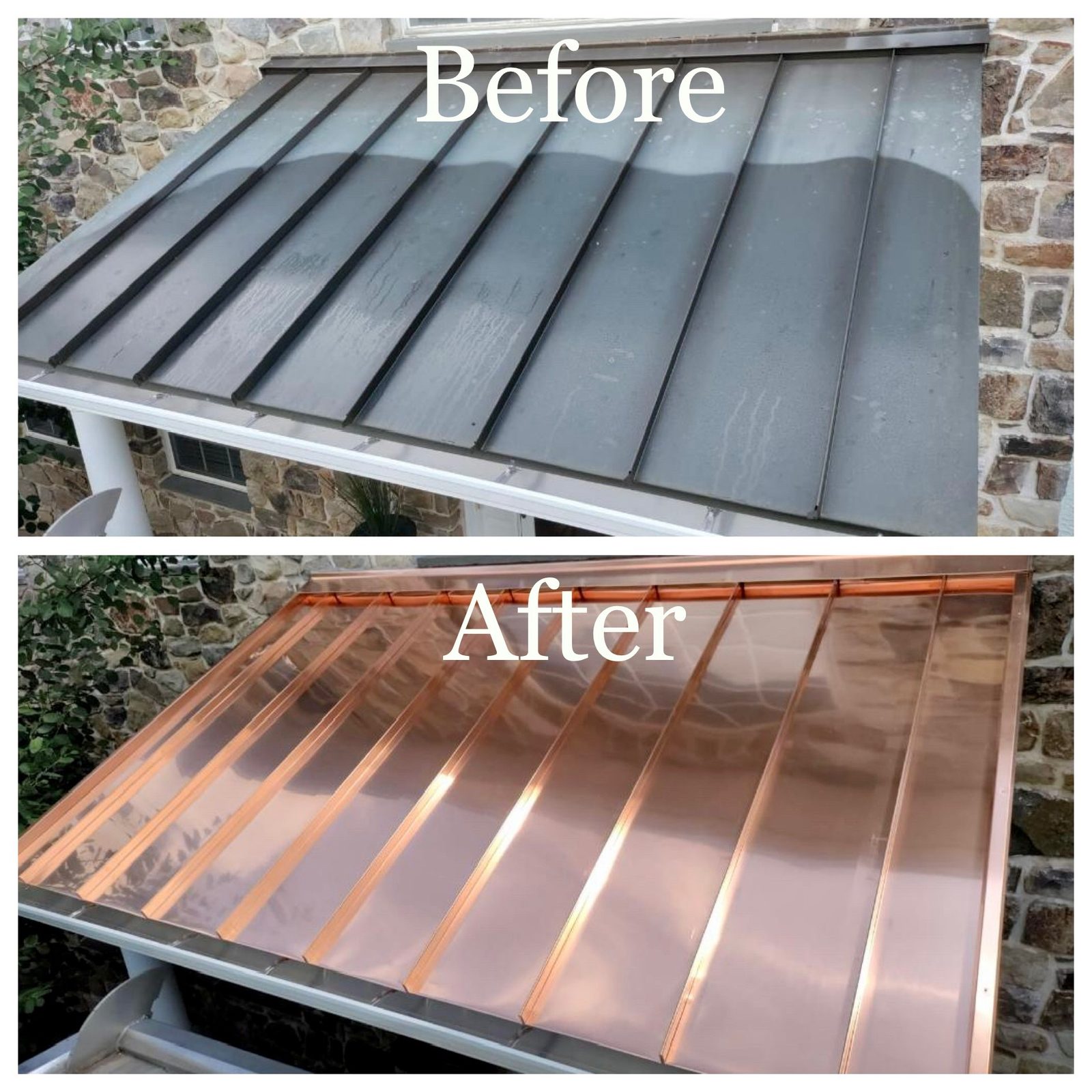 Copper standing-seam metal roof before and after in Reading, PA