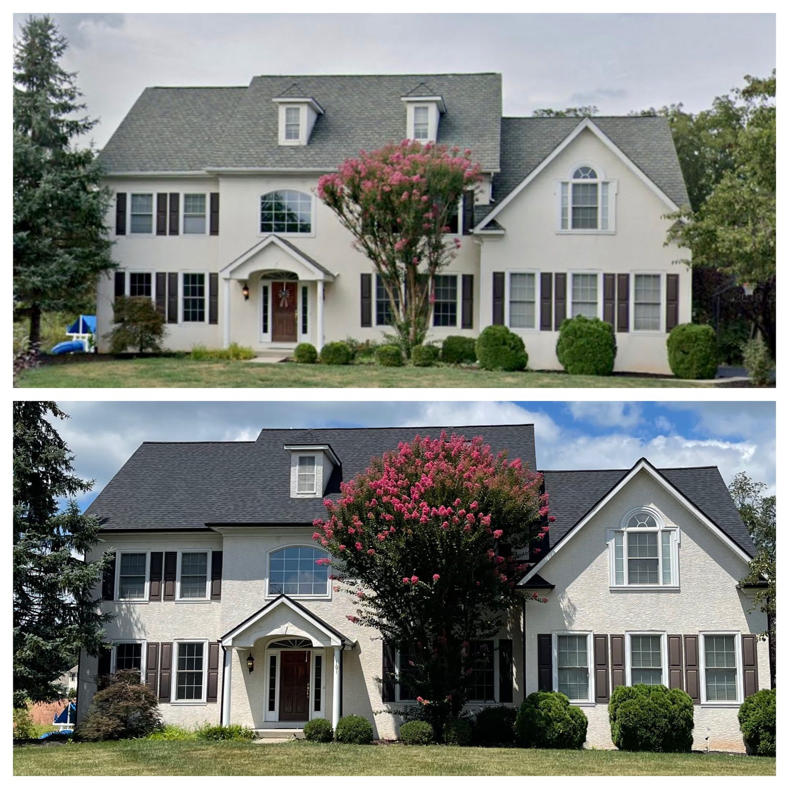 Before-and-after roof replacement on a white home in Reading, PA